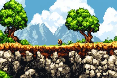 Pixel Art Landscape With Character In Mountain Setting