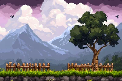 Pixel Art Landscape With Mountains And Tree