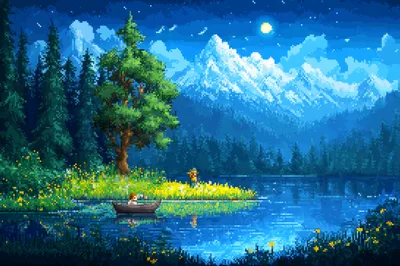 Pixel Art Landscape With A Person Rowing A Boat
