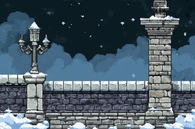 Pixel Art Stone Wall With Lamp Post At Night