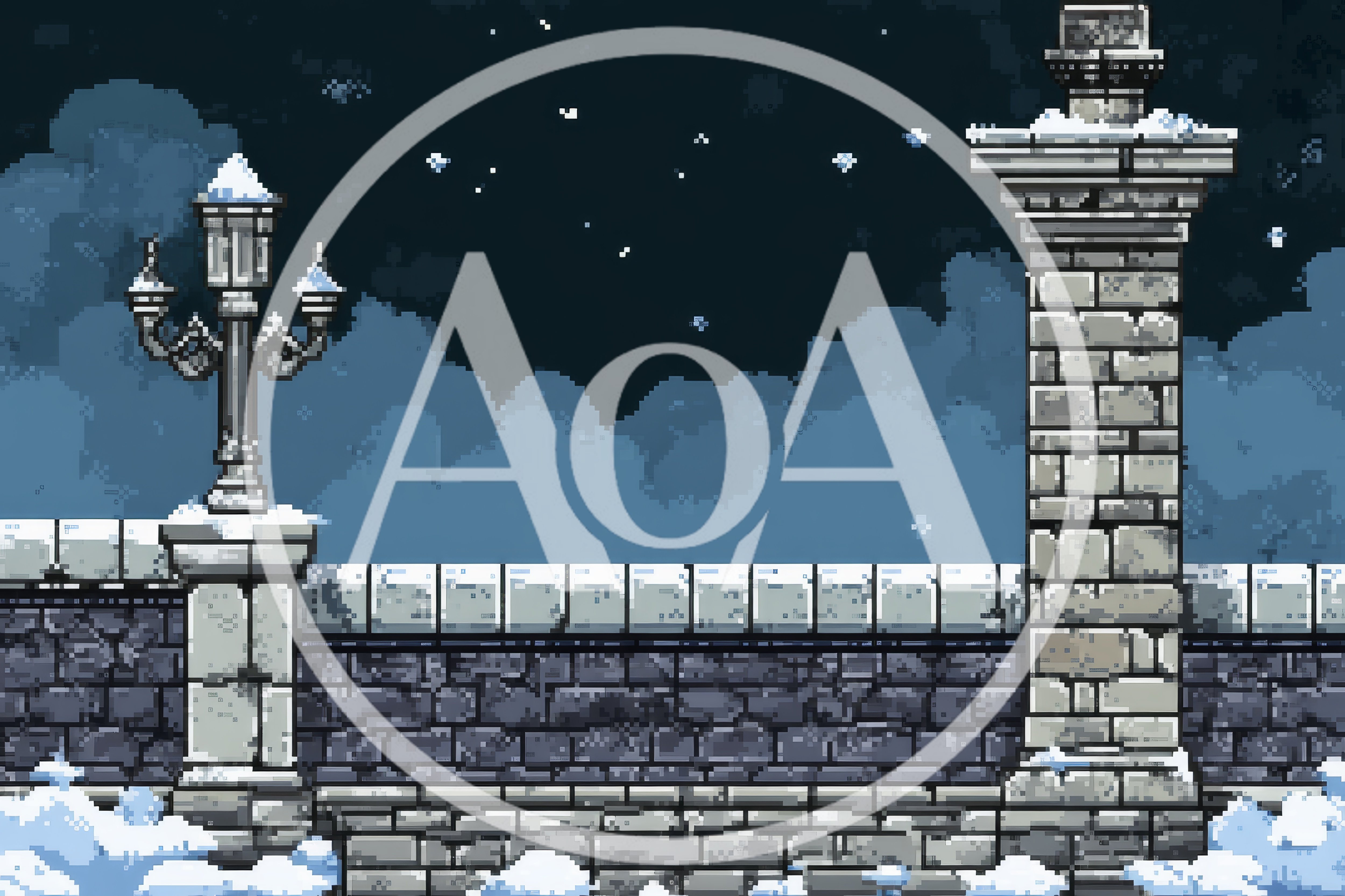 Pixel Art Stone Wall With Lamp Post At Night