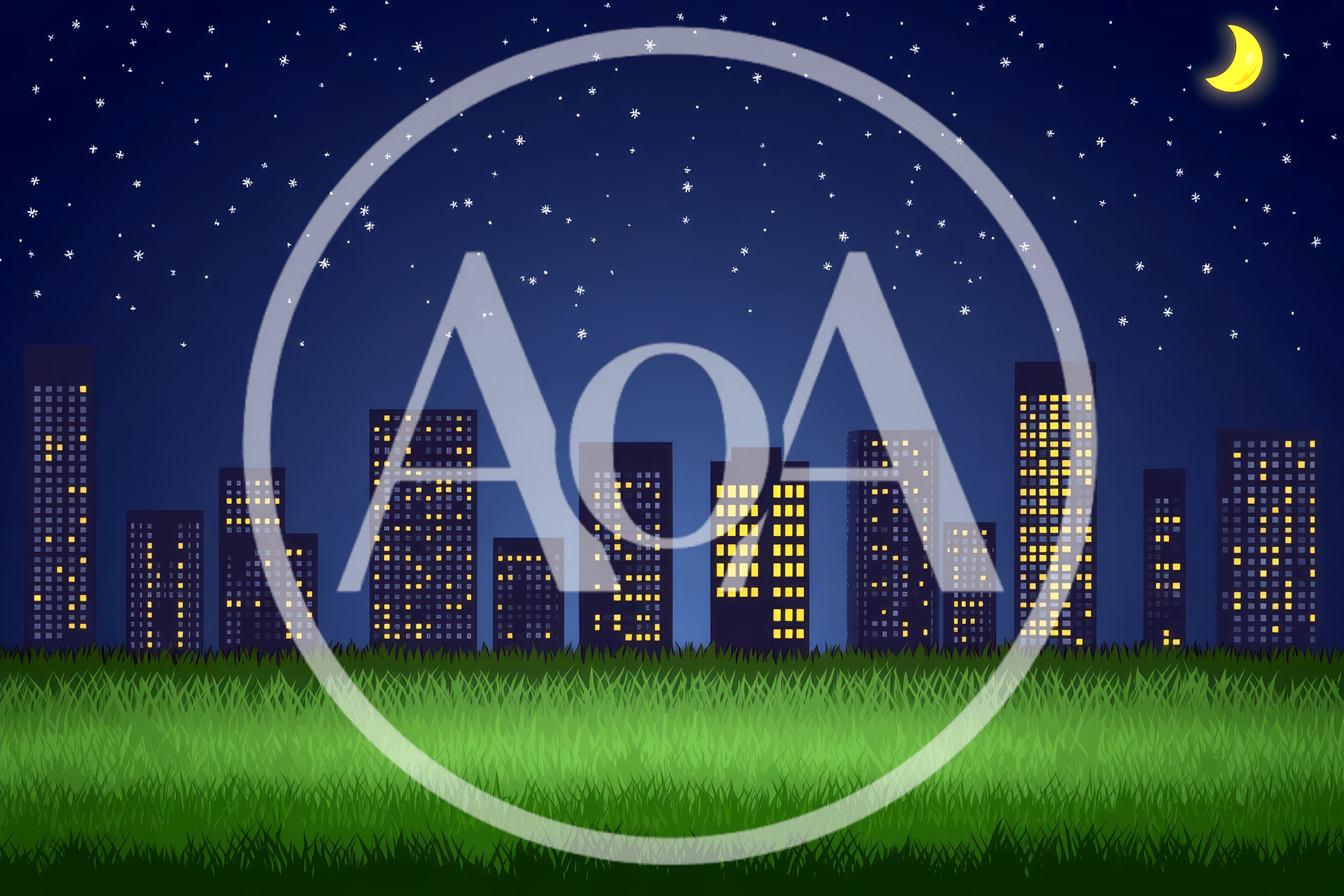 Night City Skyline View From Grassy Field