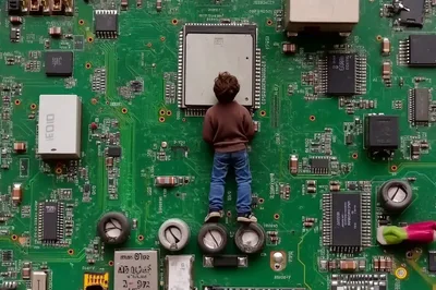 Miniature Person Standing On A Large Circuit Board