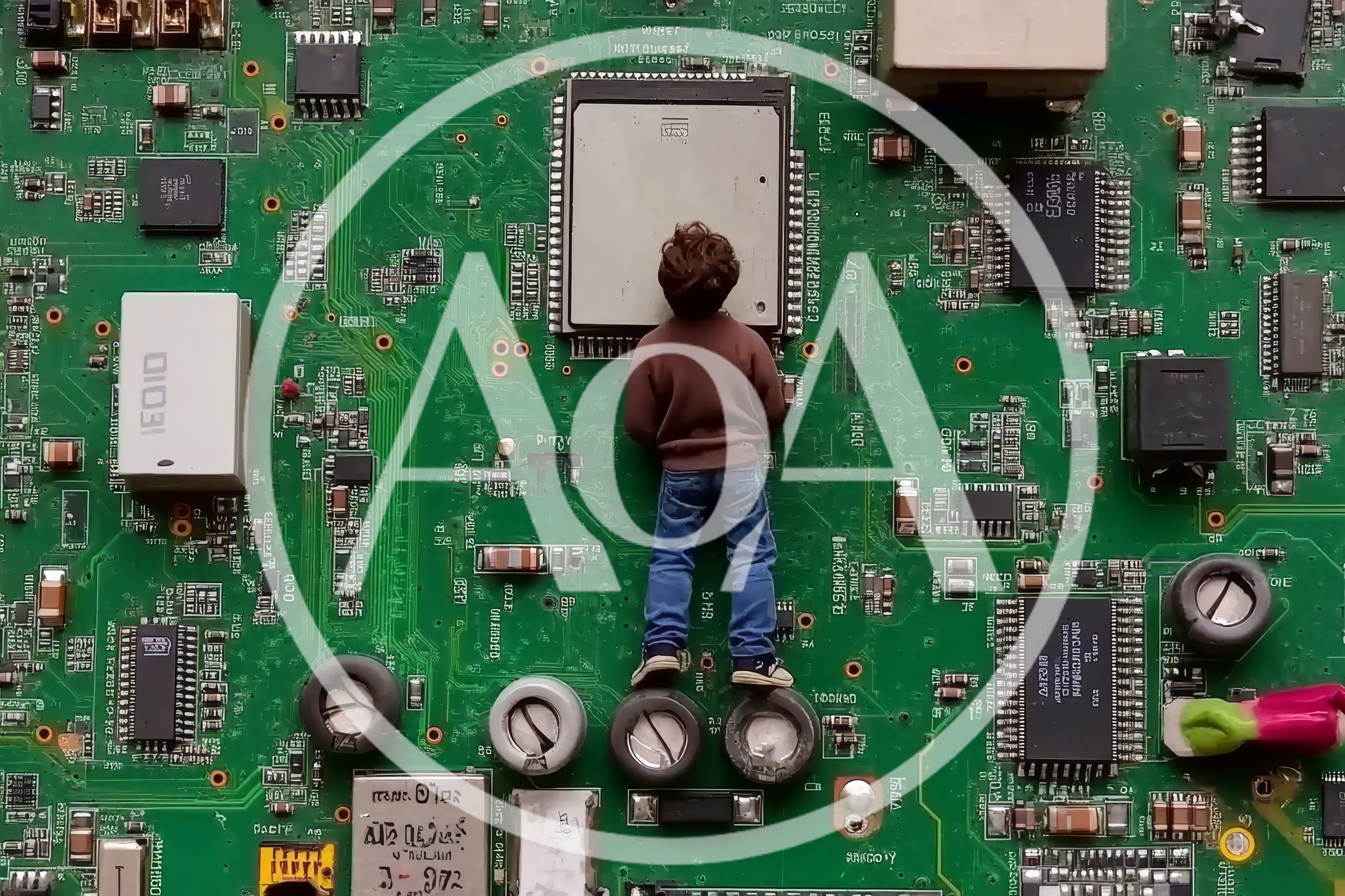Miniature Person Standing On A Large Circuit Board