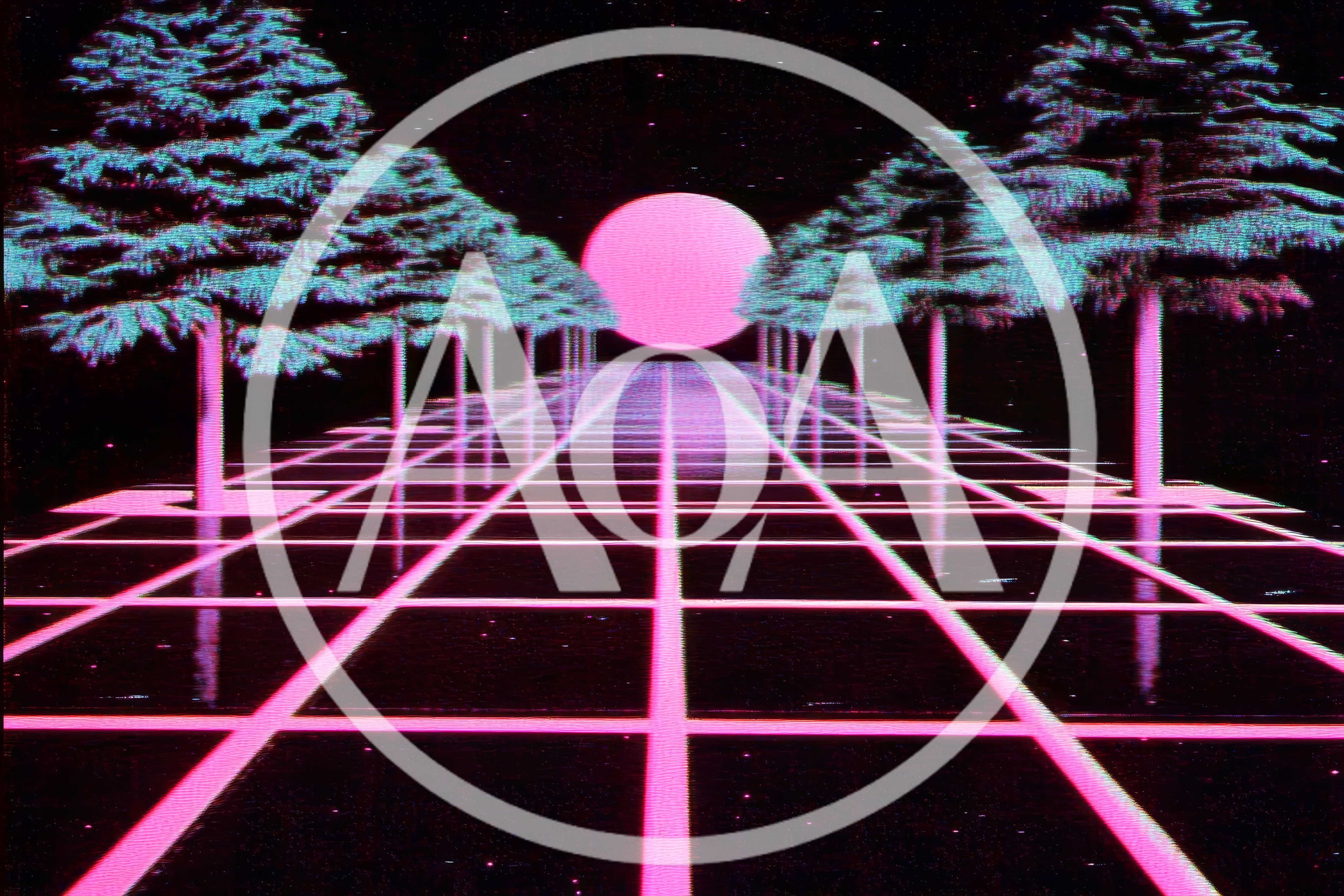 Retro Synthwave Landscape With Glowing Trees And Grid