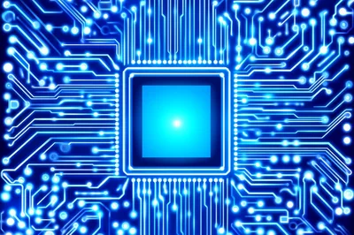 Glowing Blue Digital Microchip Circuit Board Background