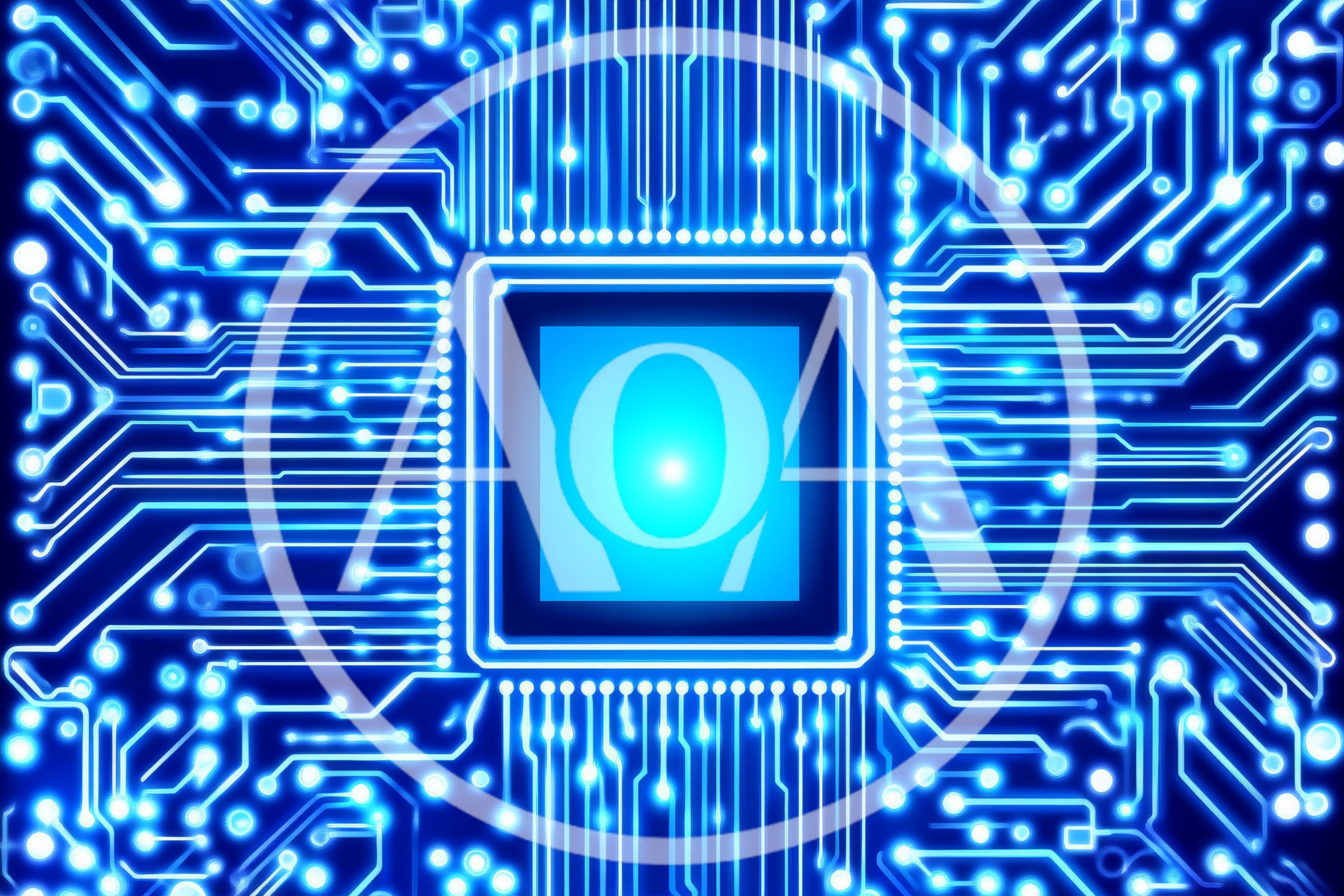 Glowing Blue Digital Microchip Circuit Board Background