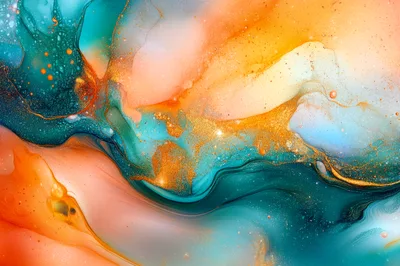 Abstract Fluid Art With Teal And Orange Swirls