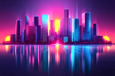 Futuristic Neon City Skyline With Sunset Reflection
