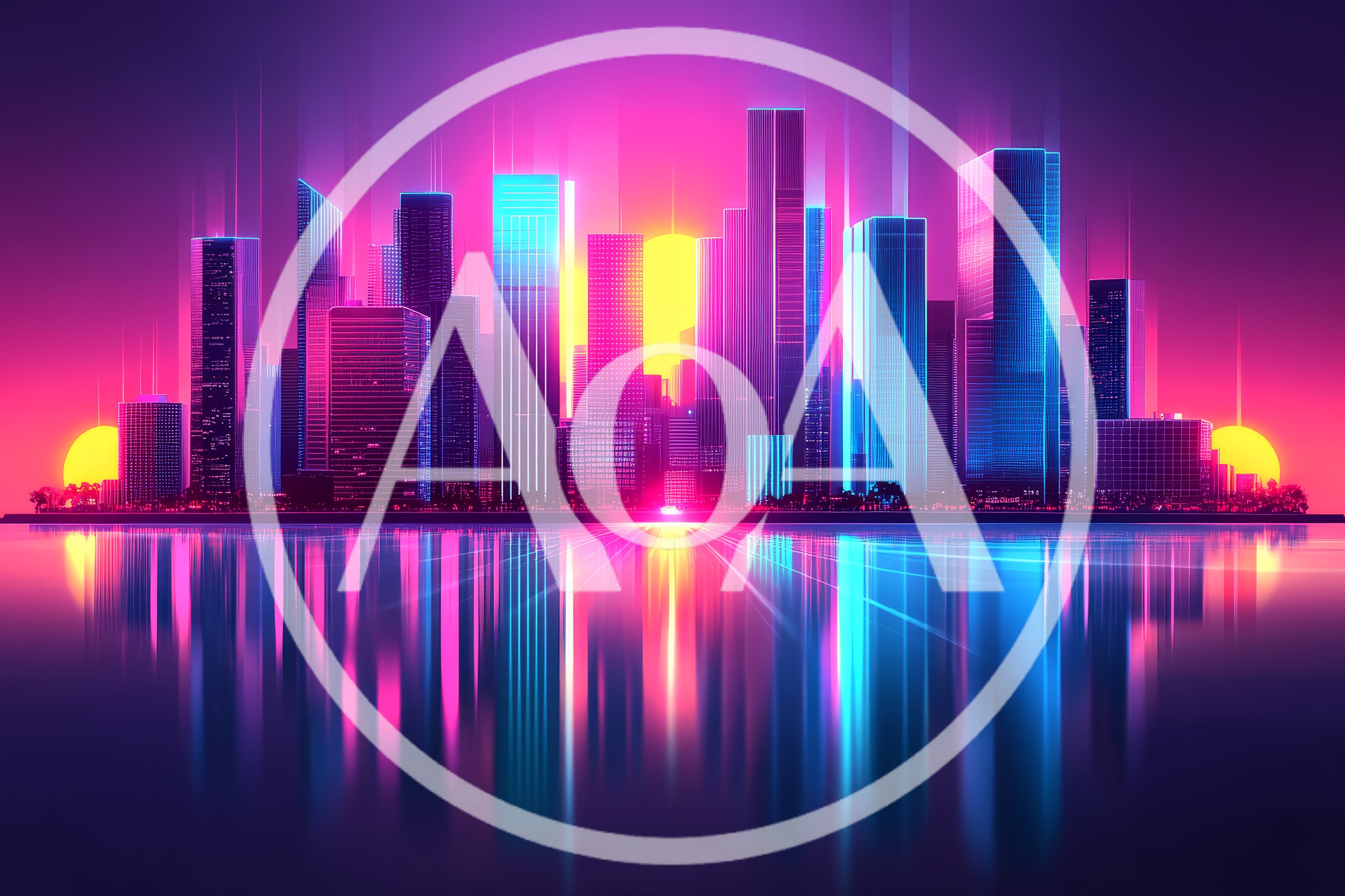Futuristic Neon City Skyline With Sunset Reflection
