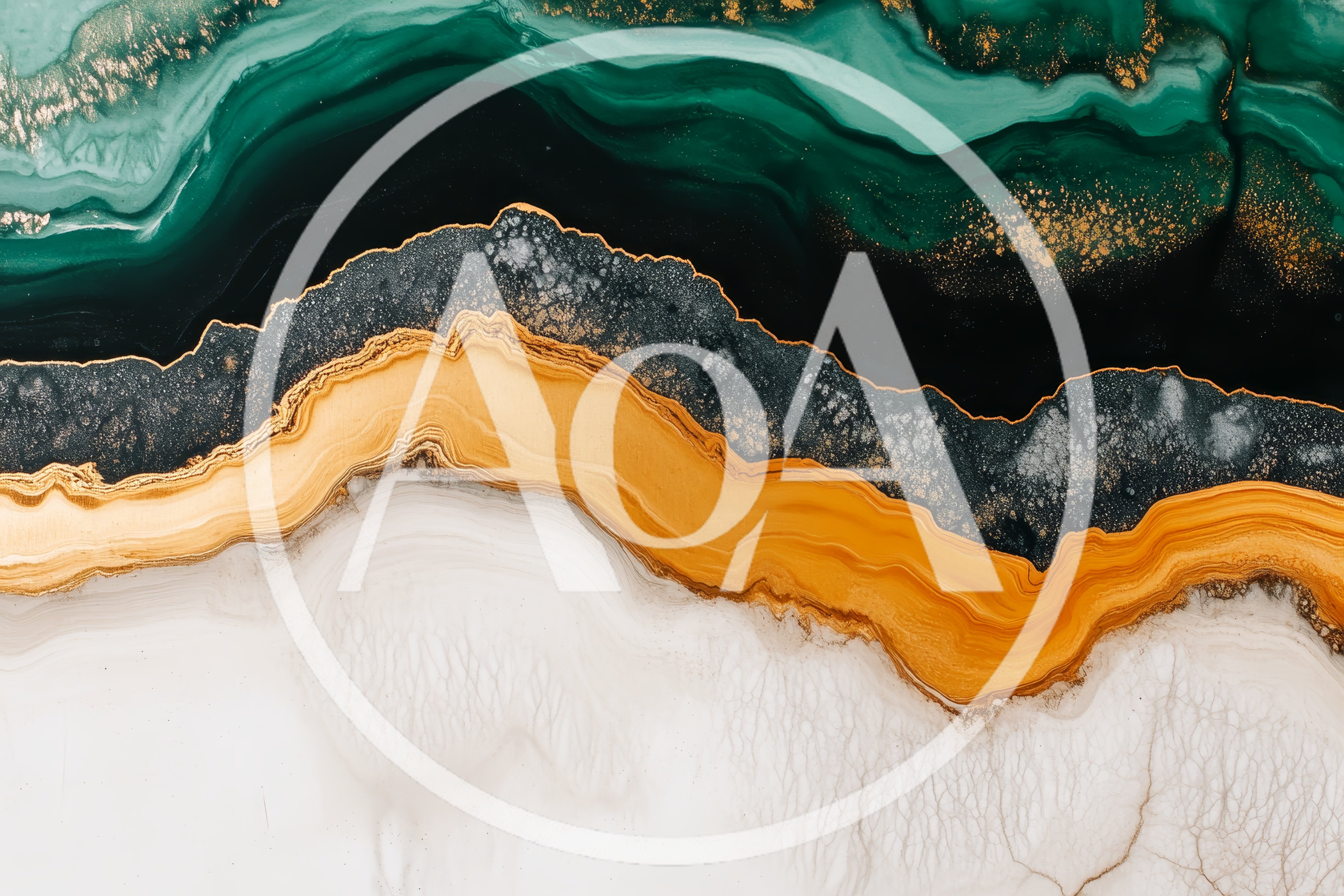 Abstract Fluid Art With Gold And Emerald Green Swirls