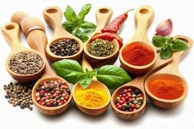 Assorted Spices and Herbs in Wooden Spoons