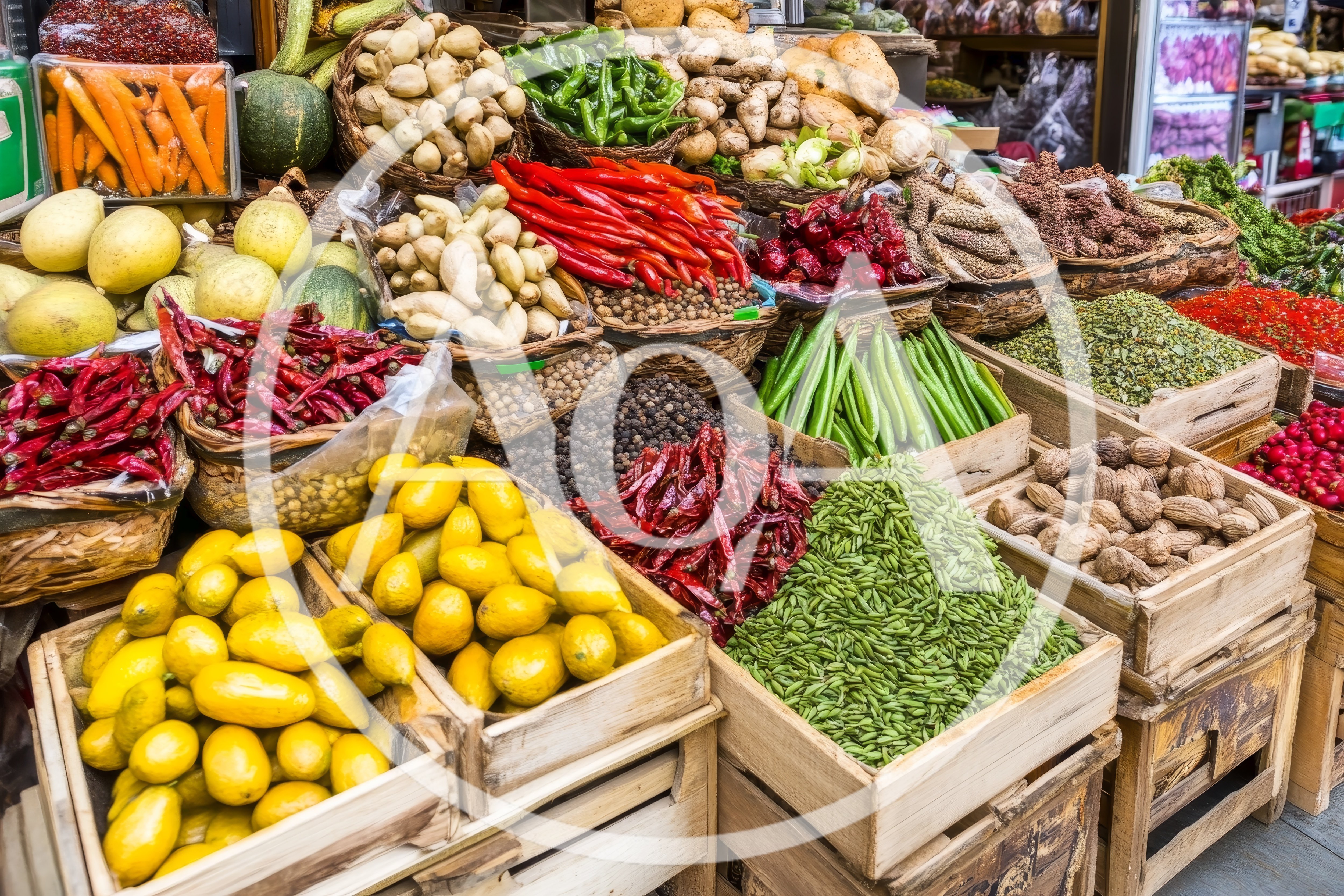 Assorted Spices and Vegetables at a Traditional Market