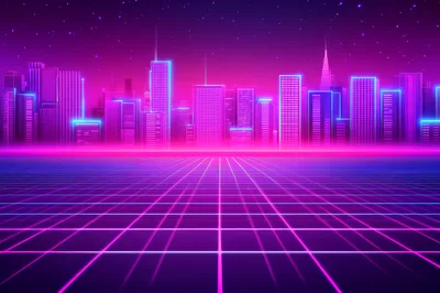 Retro Synthwave Cityscape With Glowing Neon Grid Floor