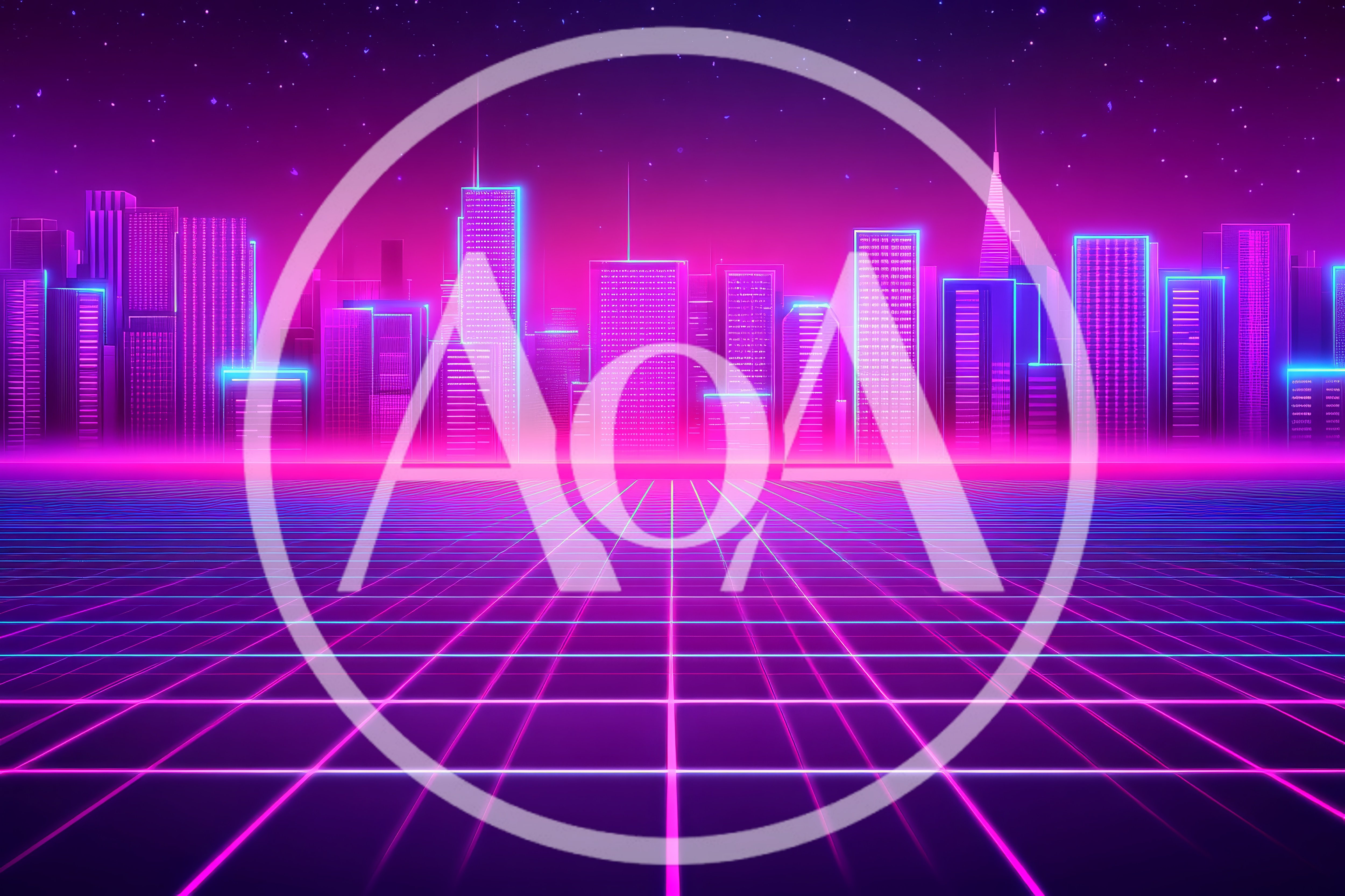 Retro Synthwave Cityscape With Glowing Neon Grid Floor