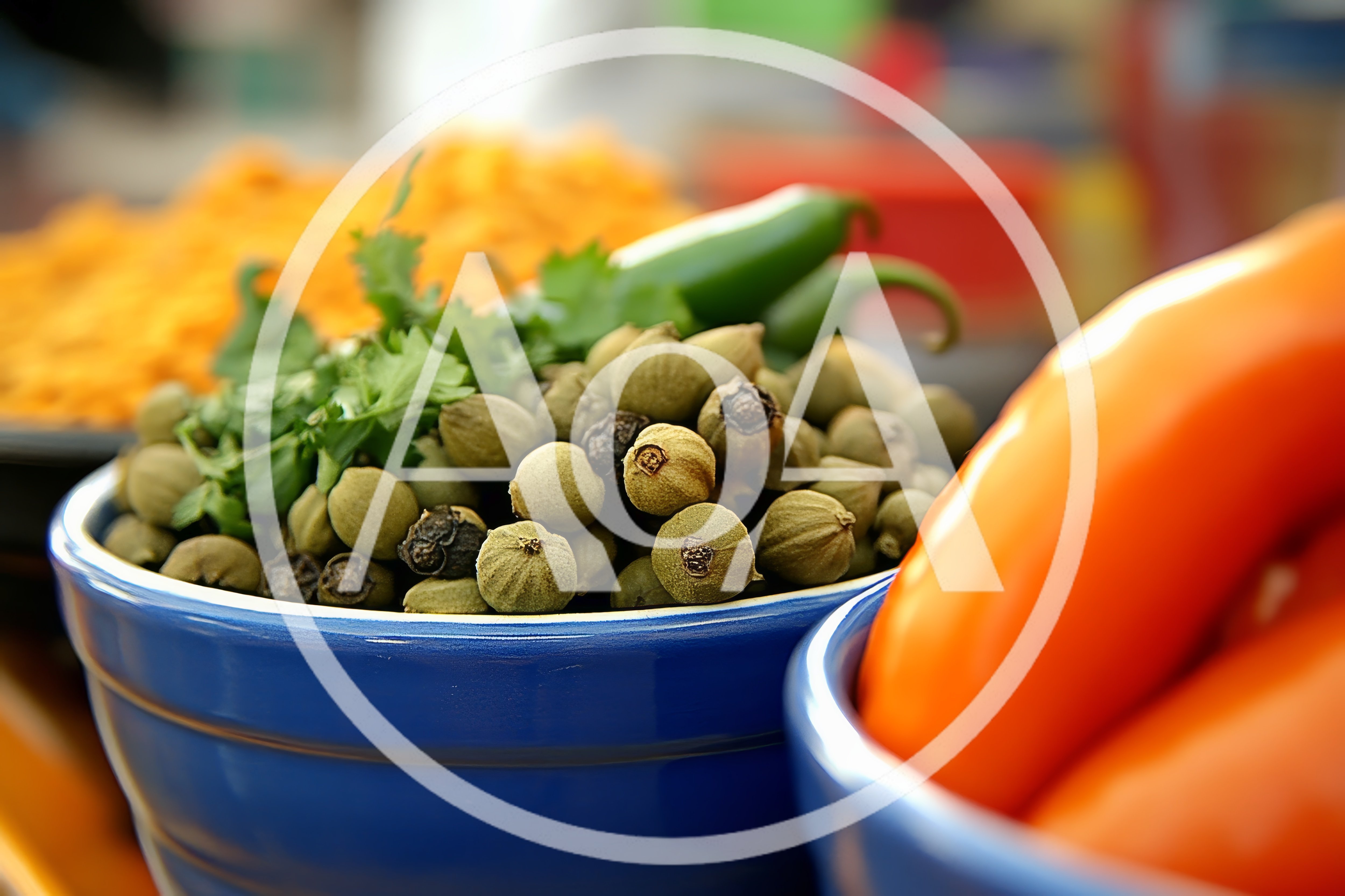 Blue Bowls Filled With Spices And Fresh Peppers