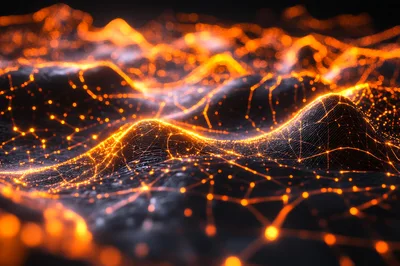 Abstract Digital Network Landscape With Glowing Orange Nodes