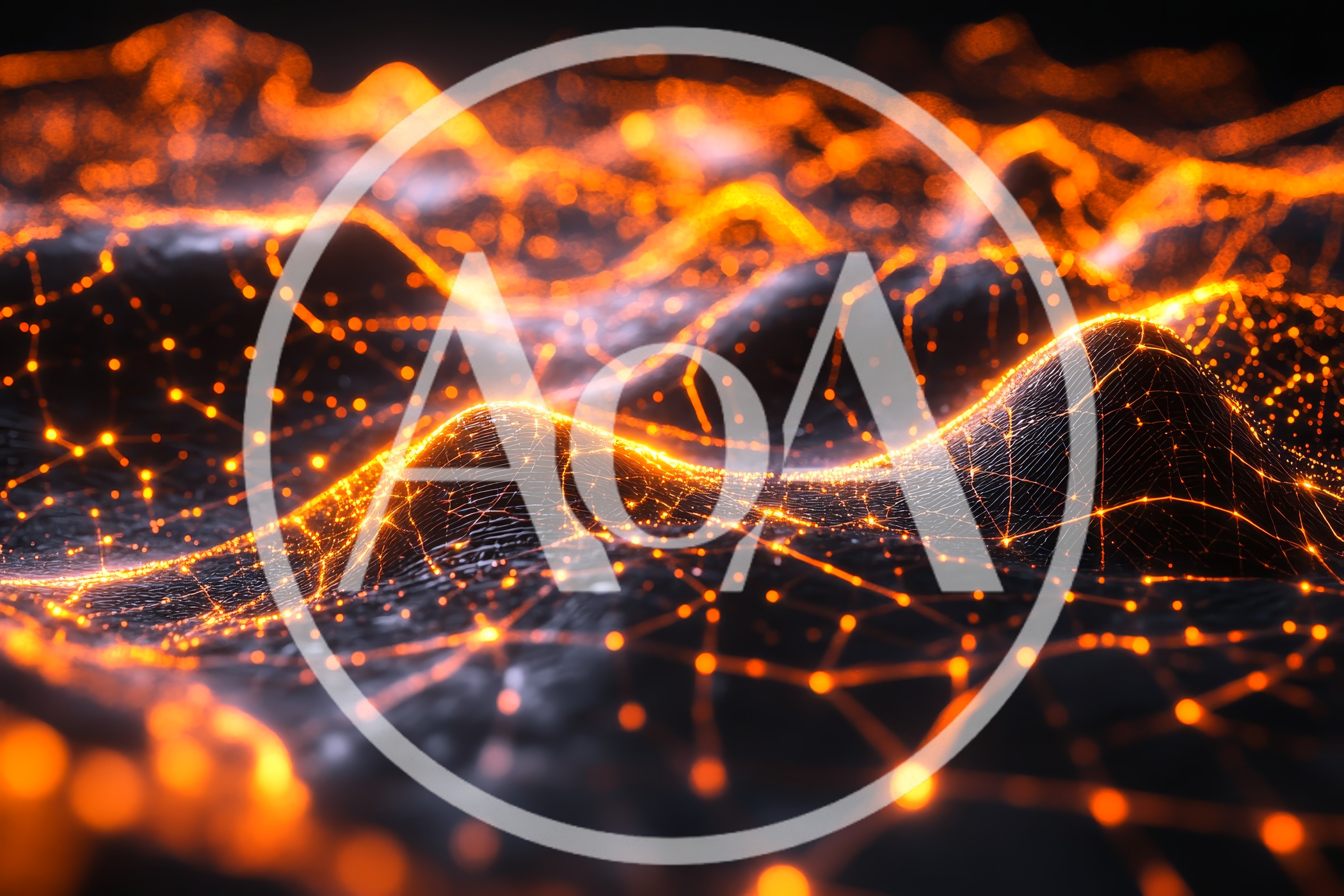 Abstract Digital Network Landscape With Glowing Orange Nodes