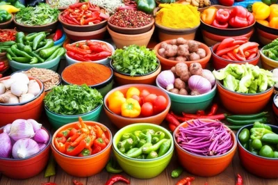 Assorted Fresh Vegetables and Spices in Colorful Bowls