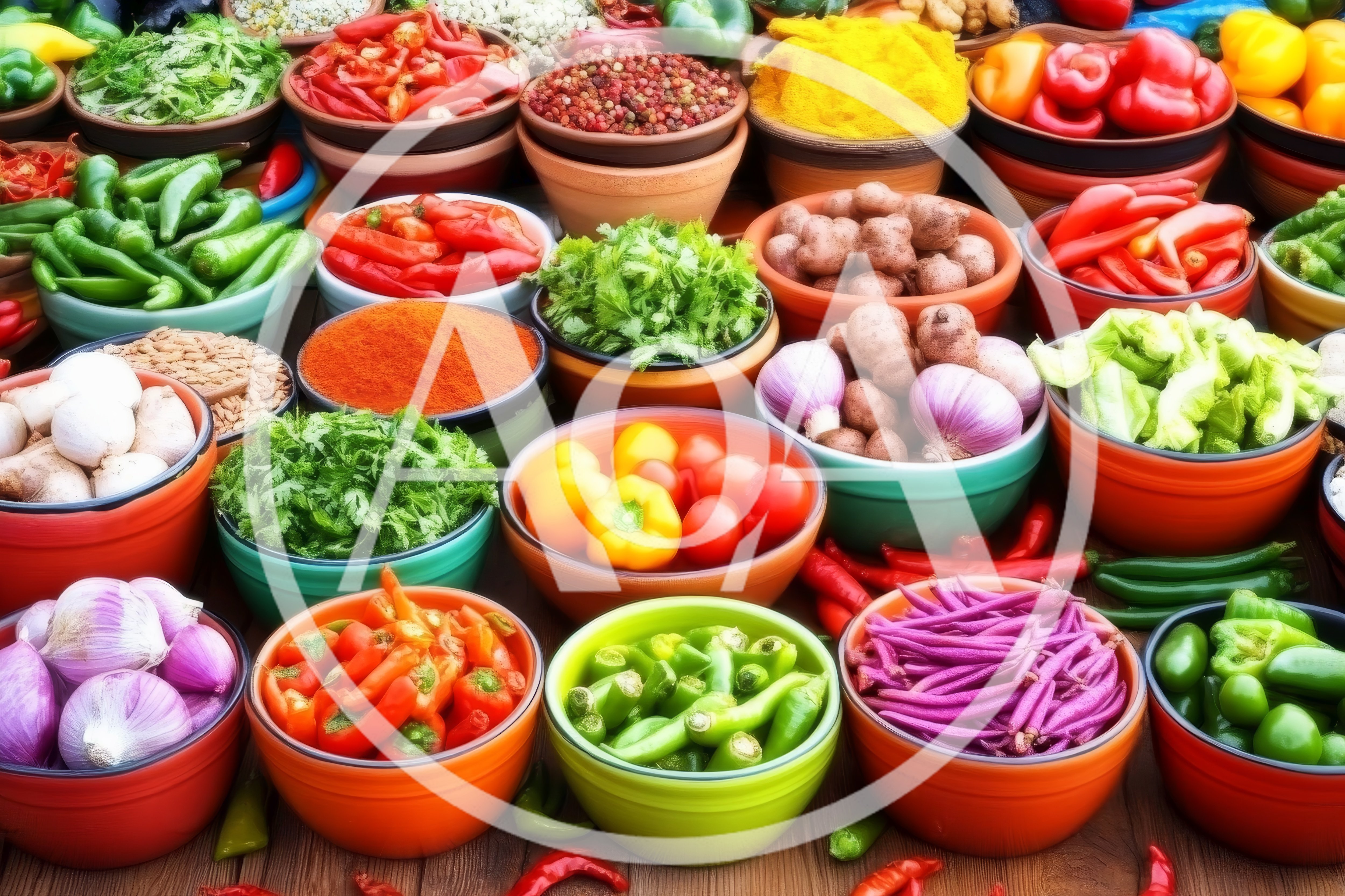 Assorted Fresh Vegetables and Spices in Colorful Bowls
