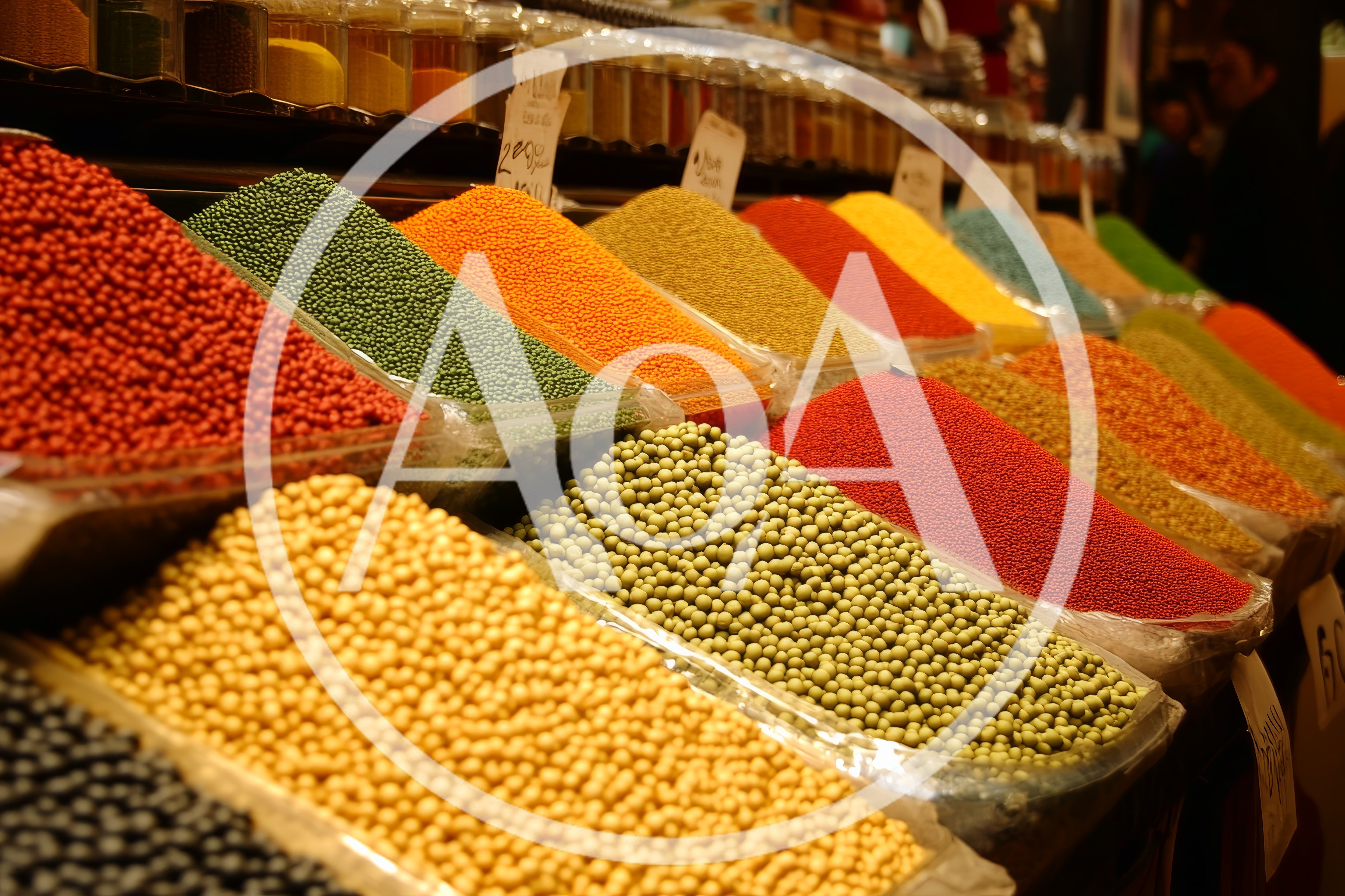 Colorful Piles of Spices and Legumes at Market