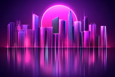 Neon Cyberpunk City Skyline With Glowing Pink Sun