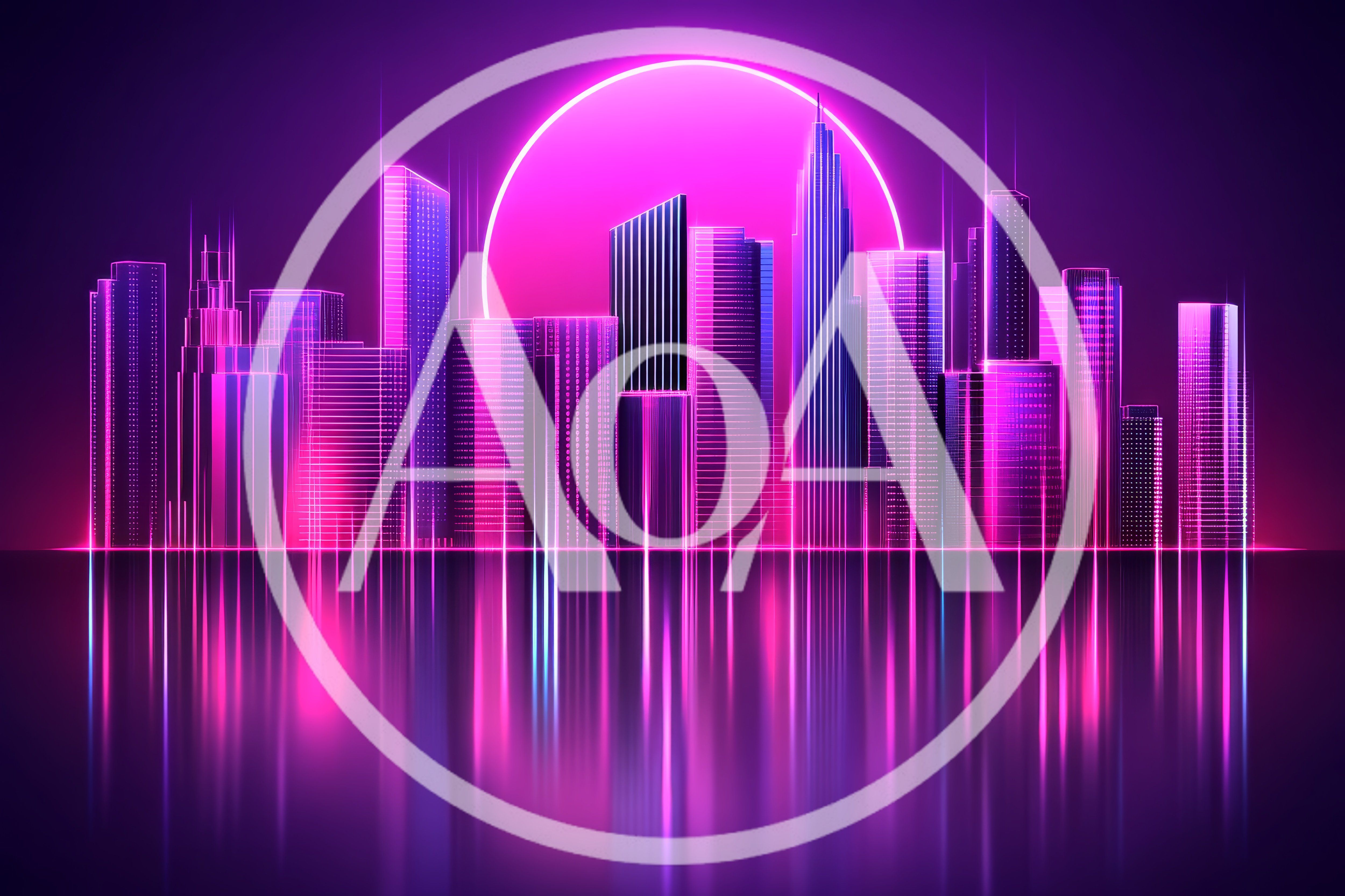 Neon Cyberpunk City Skyline With Glowing Pink Sun