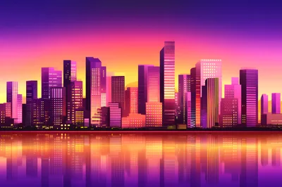 Vibrant Synthwave City Skyline At Sunset