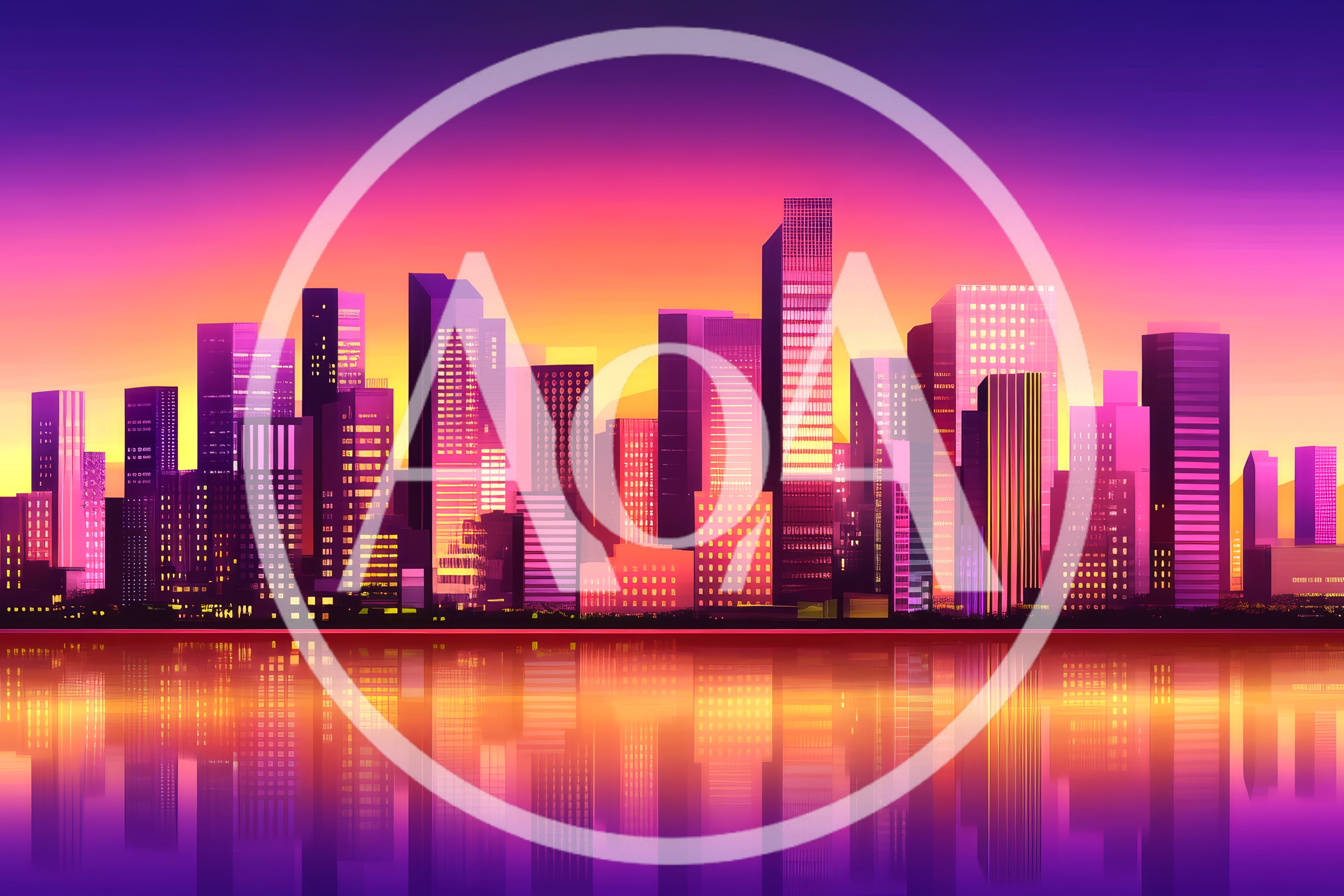 Vibrant Synthwave City Skyline At Sunset