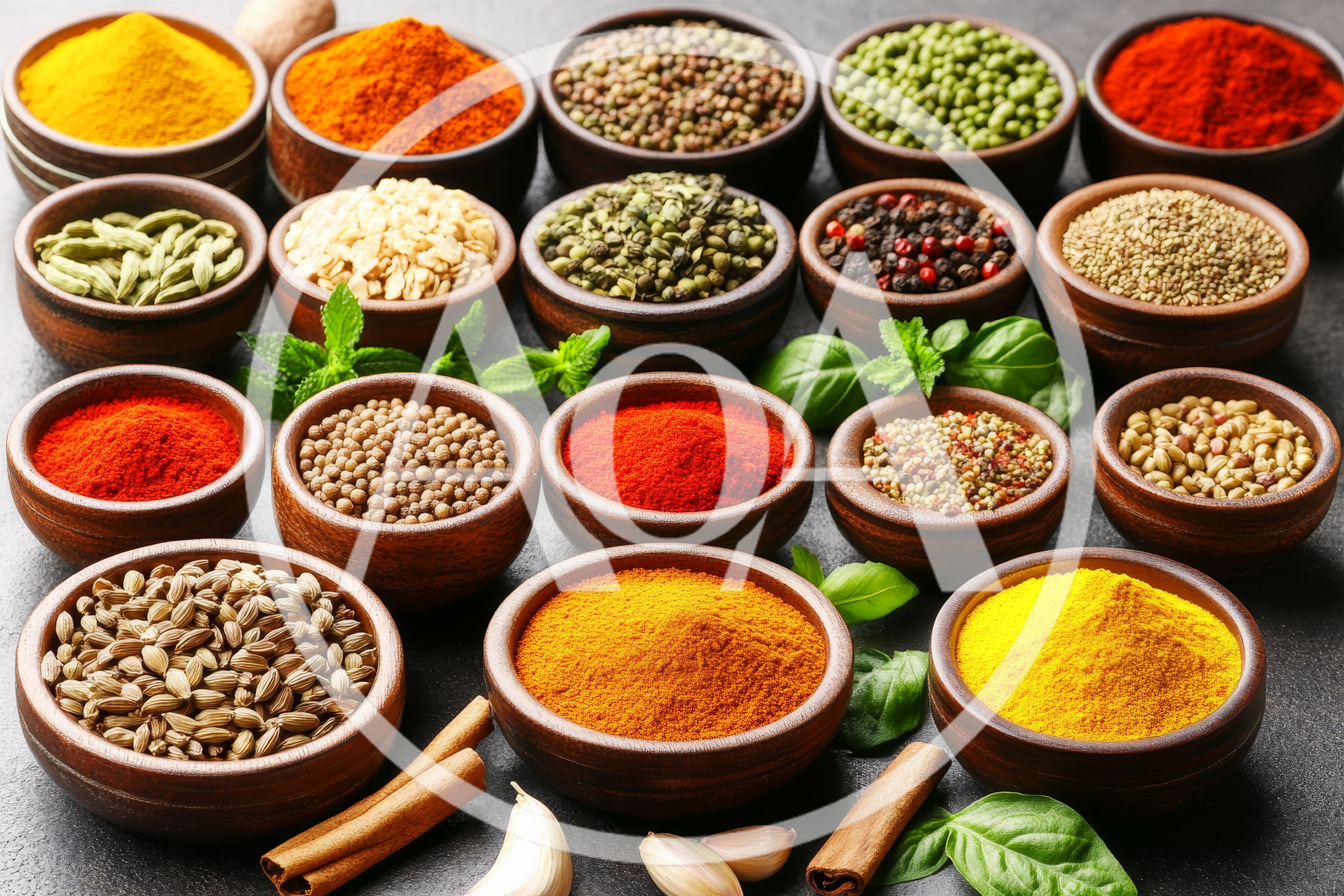 Assorted Spices and Herbs in Wooden Bowls
