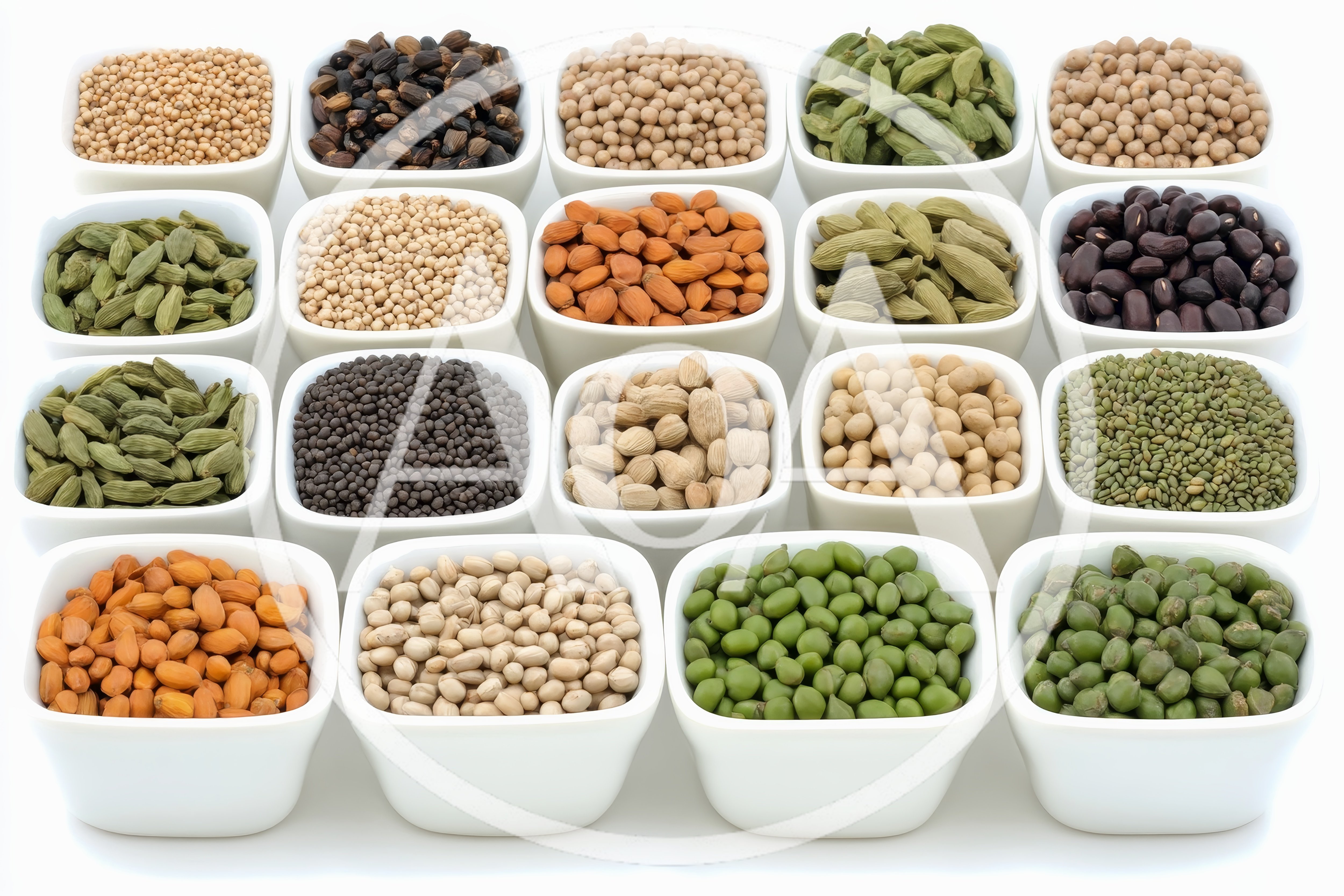 Assorted Dried Legumes and Spices in White Bowls