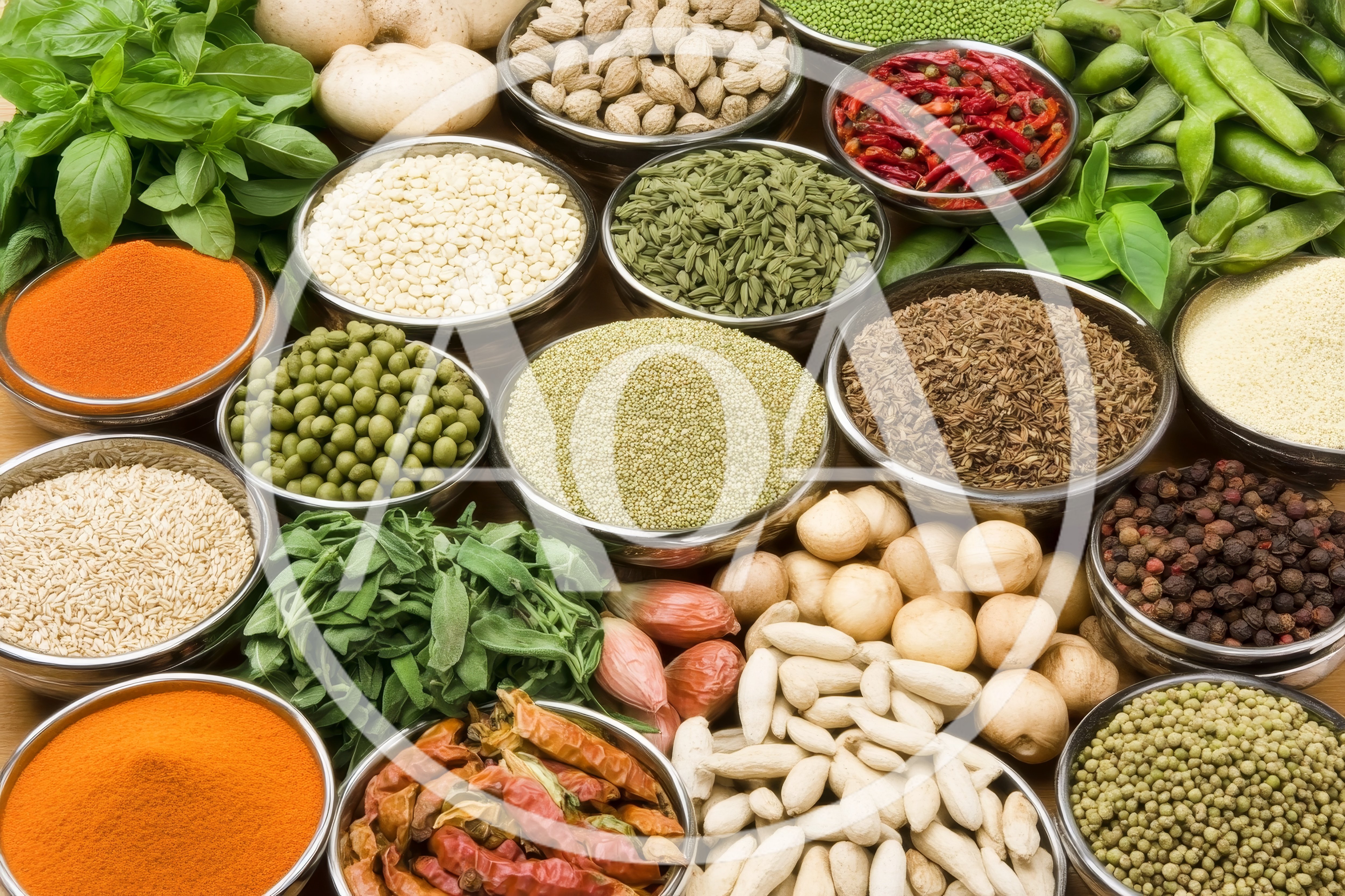 Assorted Spices And Herbs In Metal Bowls