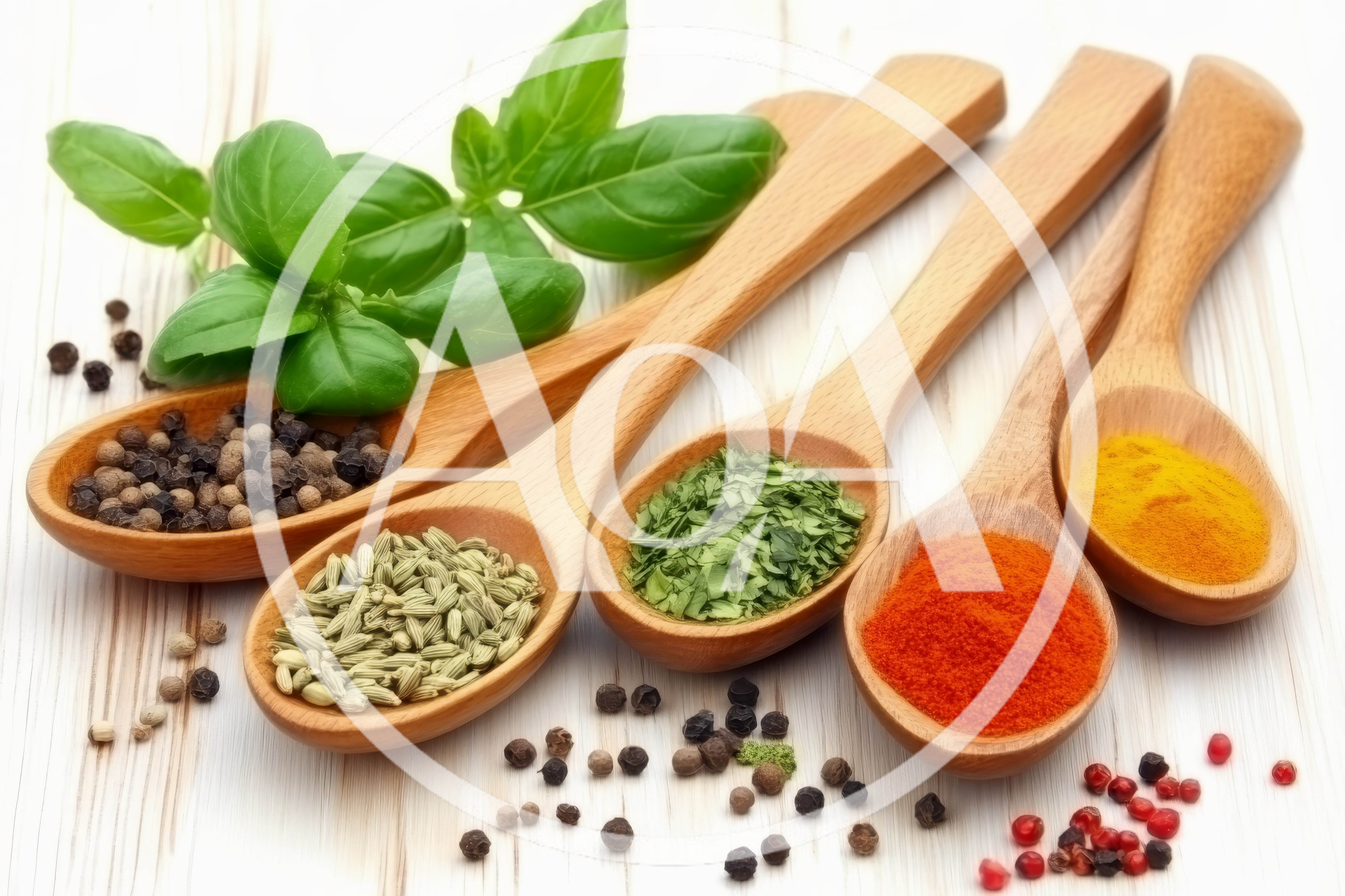 Wooden Spoons Filled With Various Spices And Herbs