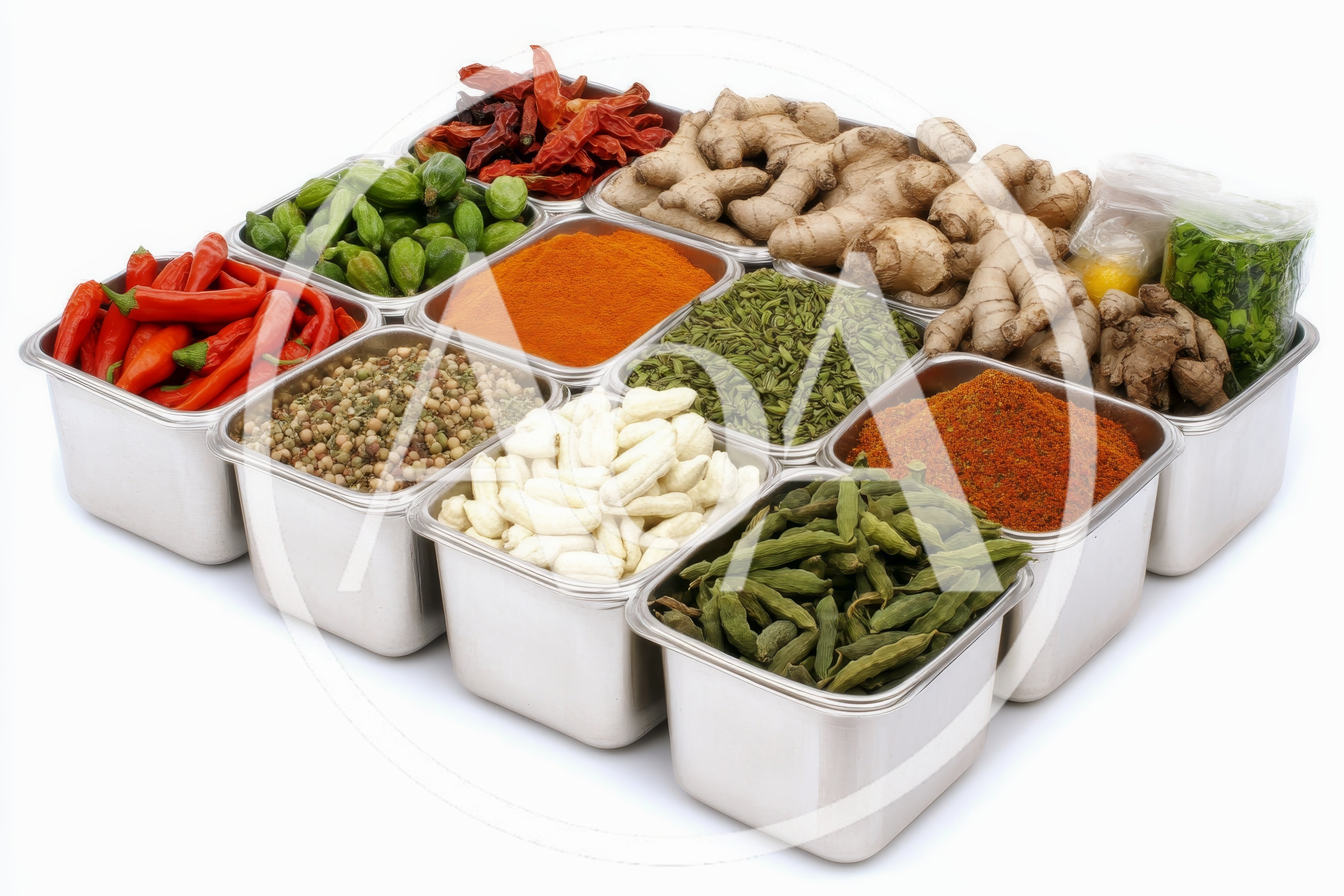 Assorted Indian Spices and Ingredients in Metal Containers