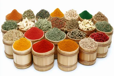 Assorted Spices and Herbs in Wooden Containers