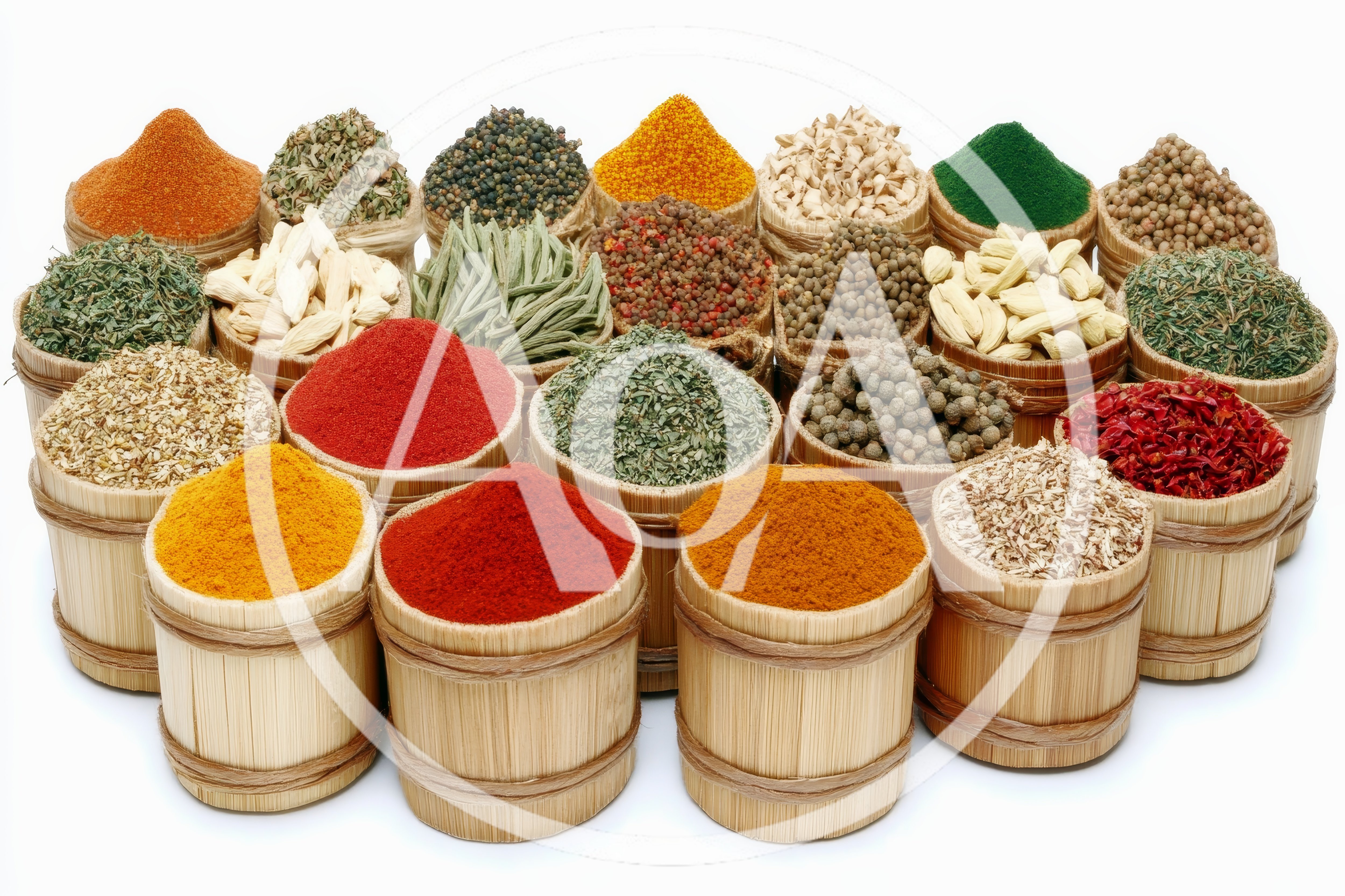 Assorted Spices and Herbs in Wooden Containers
