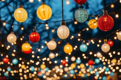 Colorful Paper Lantern String Lights At Night