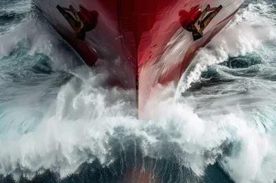 Large Red Cargo Ship Bow Cutting Through Rough Ocean