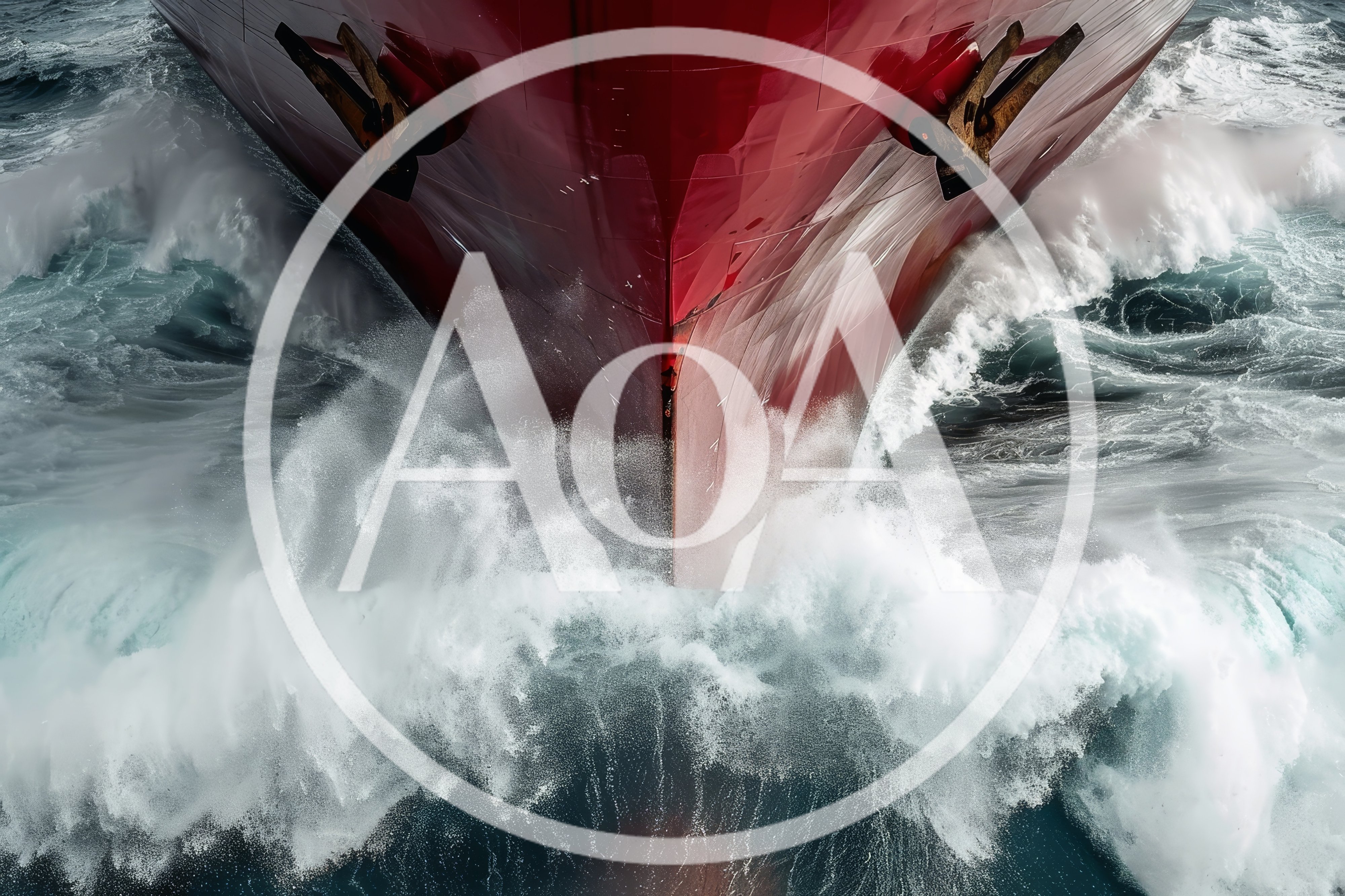 Large Red Cargo Ship Bow Cutting Through Rough Ocean