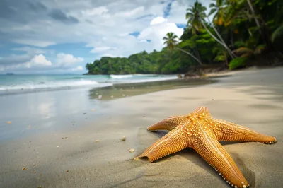 Orange Starfish Resting On A Tropical Sandy Beach