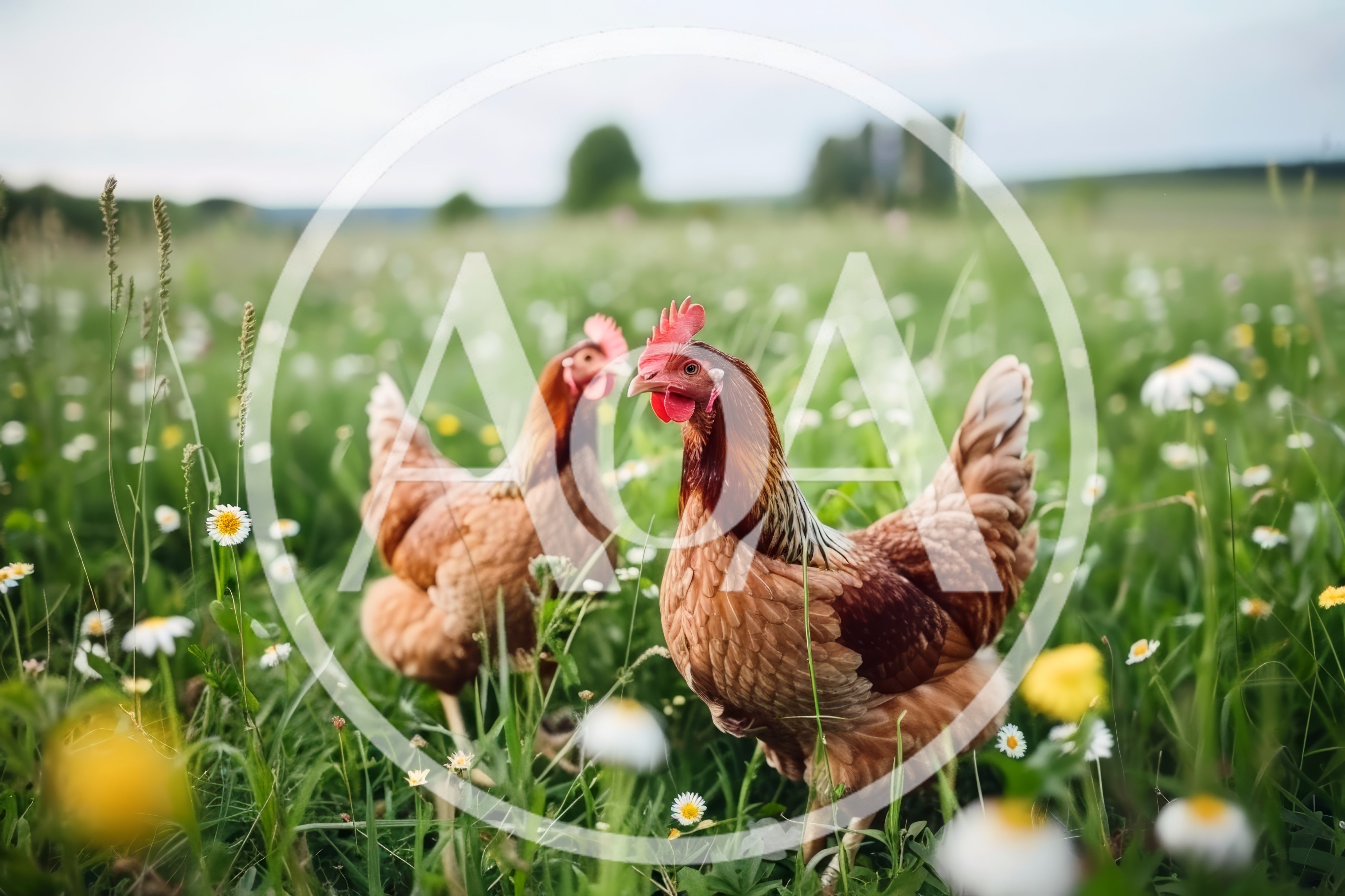 Two Brown Chickens Foraging In A Wildflower Meadow