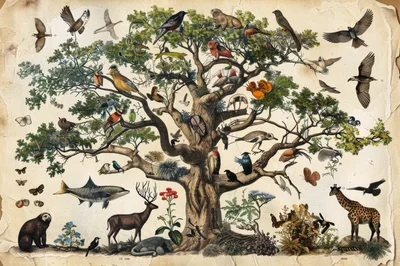 Vintage Botanical Illustration Of A Tree With Animals