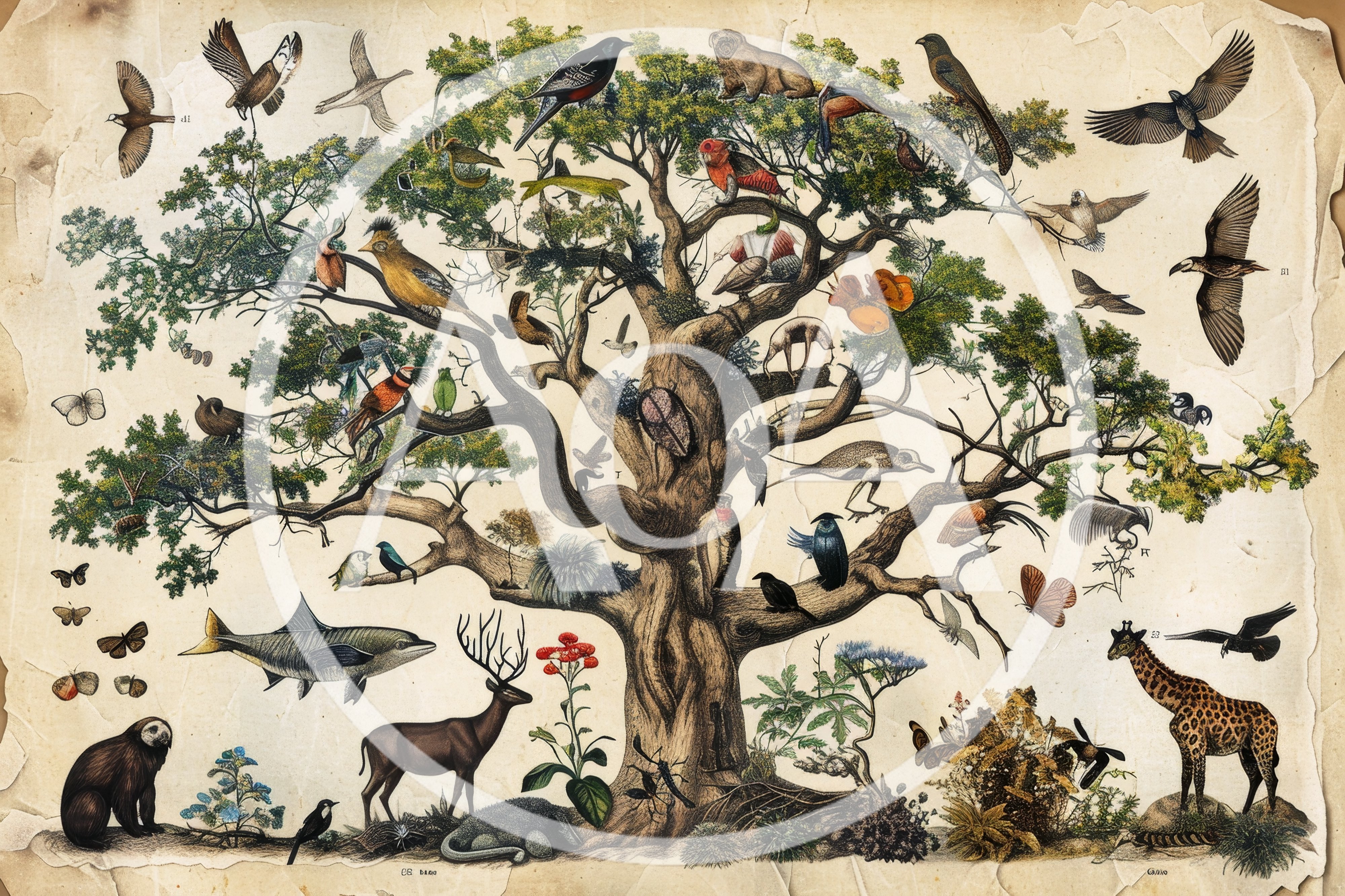 Vintage Botanical Illustration Of A Tree With Animals