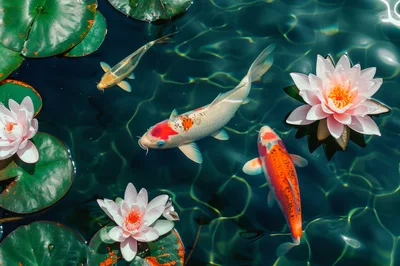 Koi Fish Swimming Among Water Lilies in Pond