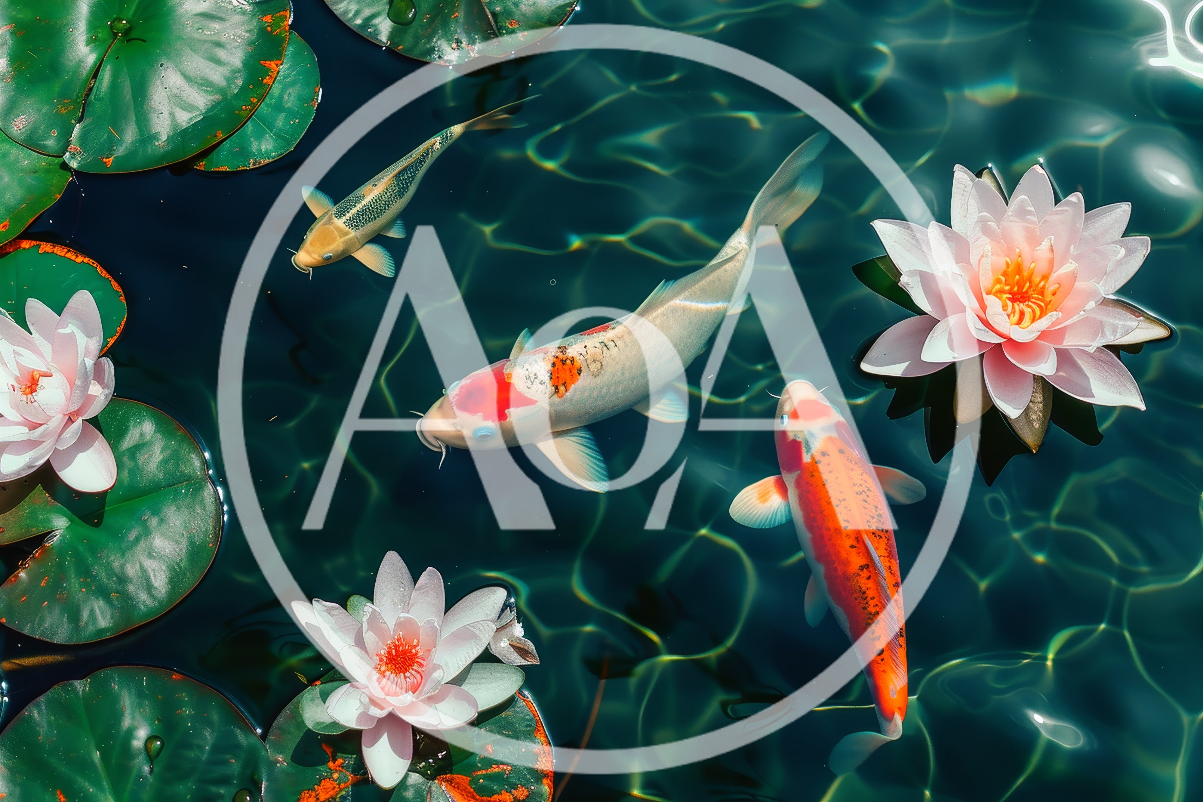 Koi Fish Swimming Among Water Lilies in Pond