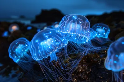 Bioluminescent Jellyfish Glowing On A Dark Rocky Shore
