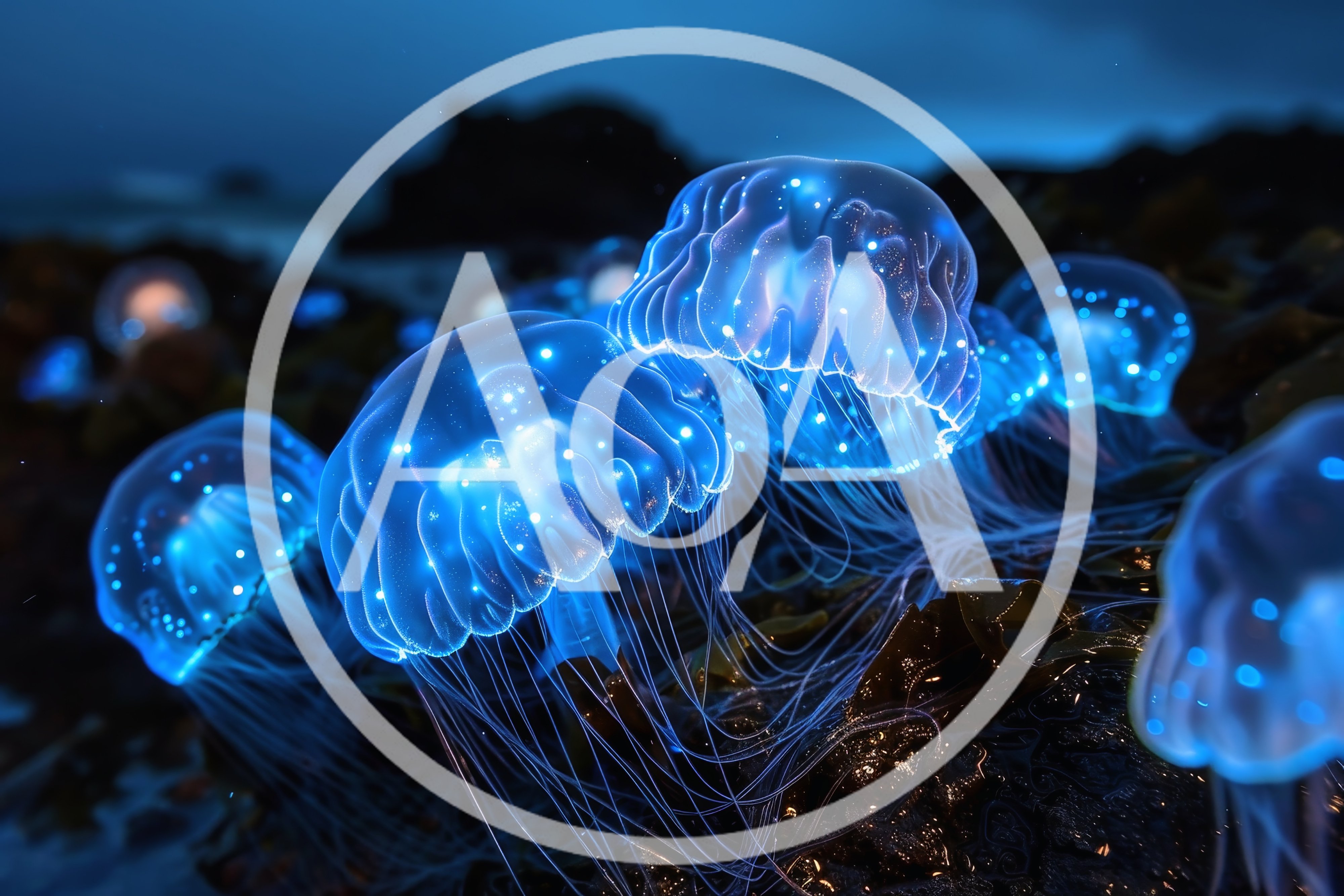 Bioluminescent Jellyfish Glowing On A Dark Rocky Shore