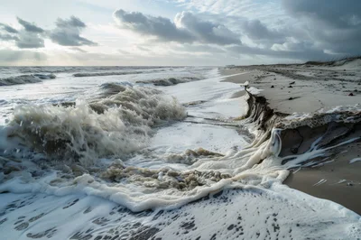 Powerful Ocean Waves Crashing Against Eroded Sandy Beach