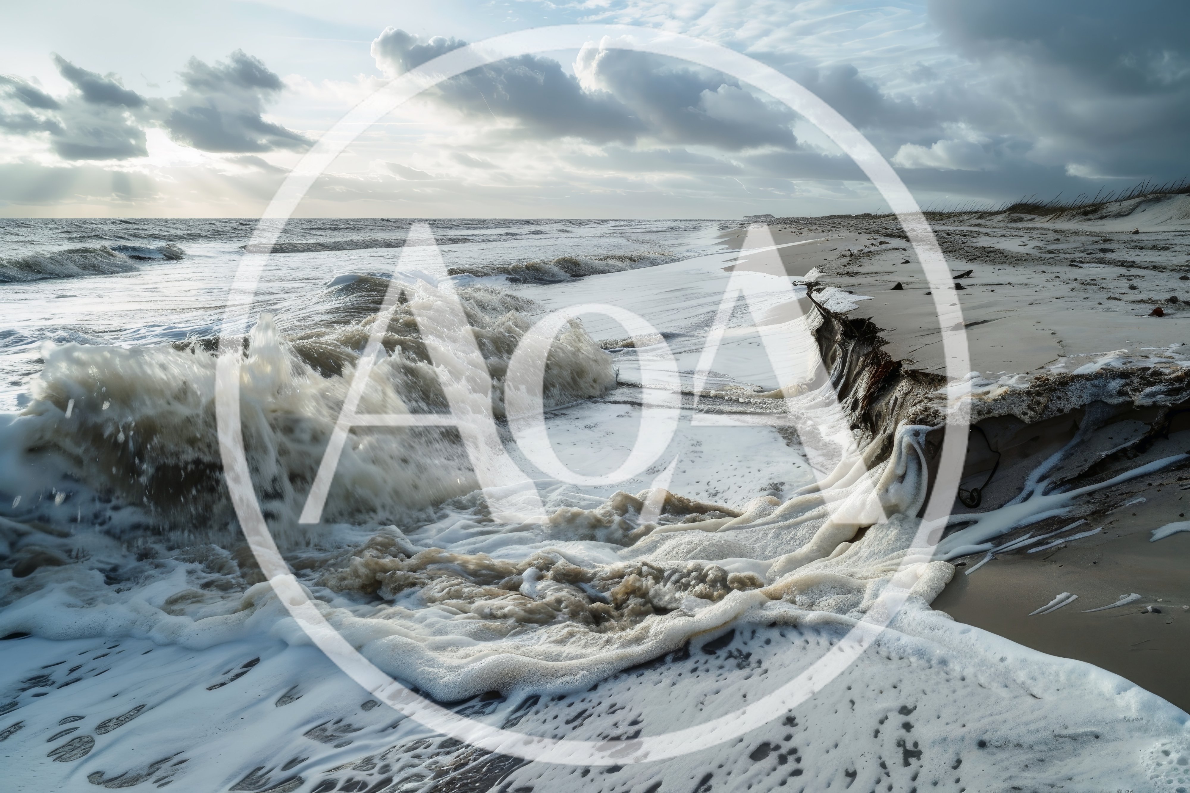 Powerful Ocean Waves Crashing Against Eroded Sandy Beach