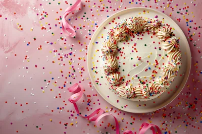 Birthday Cake With Confetti And Pink Ribbons